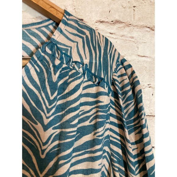 New Directions Babydoll Top Womens Large Teal & Tan Zebra Animal Print Flowy - Picture 3 of 13